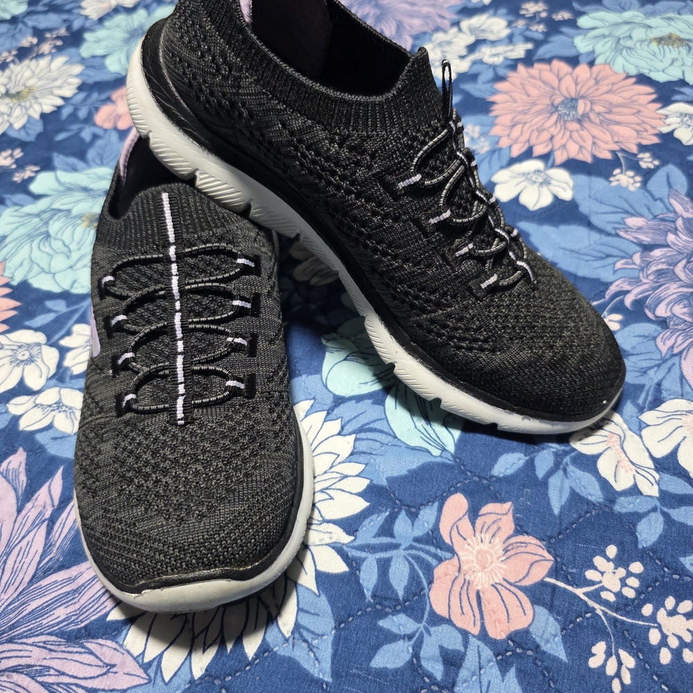 Skechers Black Knit Slip-On Walking Shoes with Lavender Trim - Picture 2 of 3